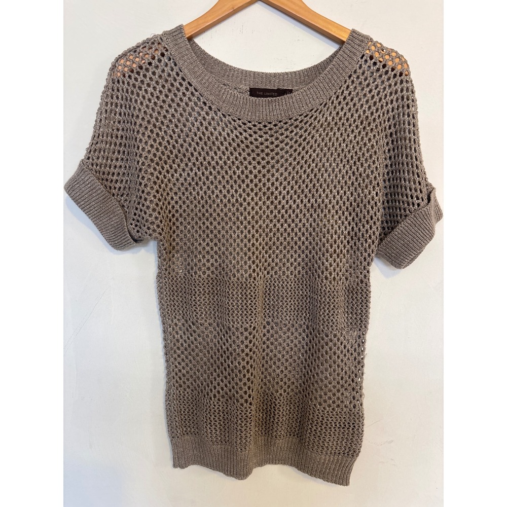 The Limited Women Taupe Metallic Open Knit Short Sleeve Sweater Top Size S
